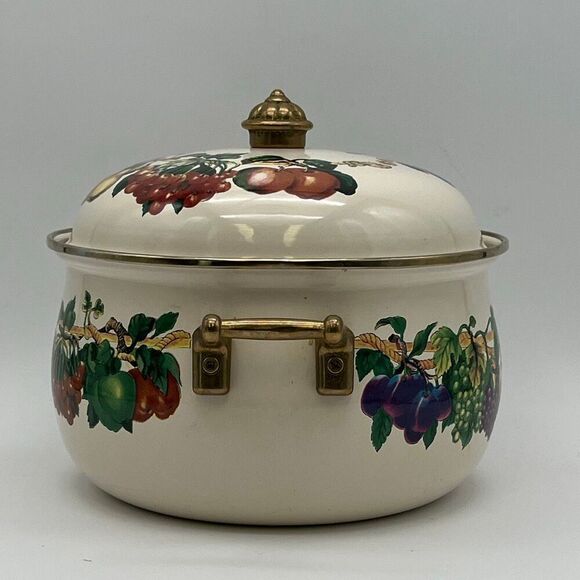 TABLETOPS UNLIMITED Pot and Lid Enamel Steel Heat Fruits Covered Serving Dish - Picture 7 of 14